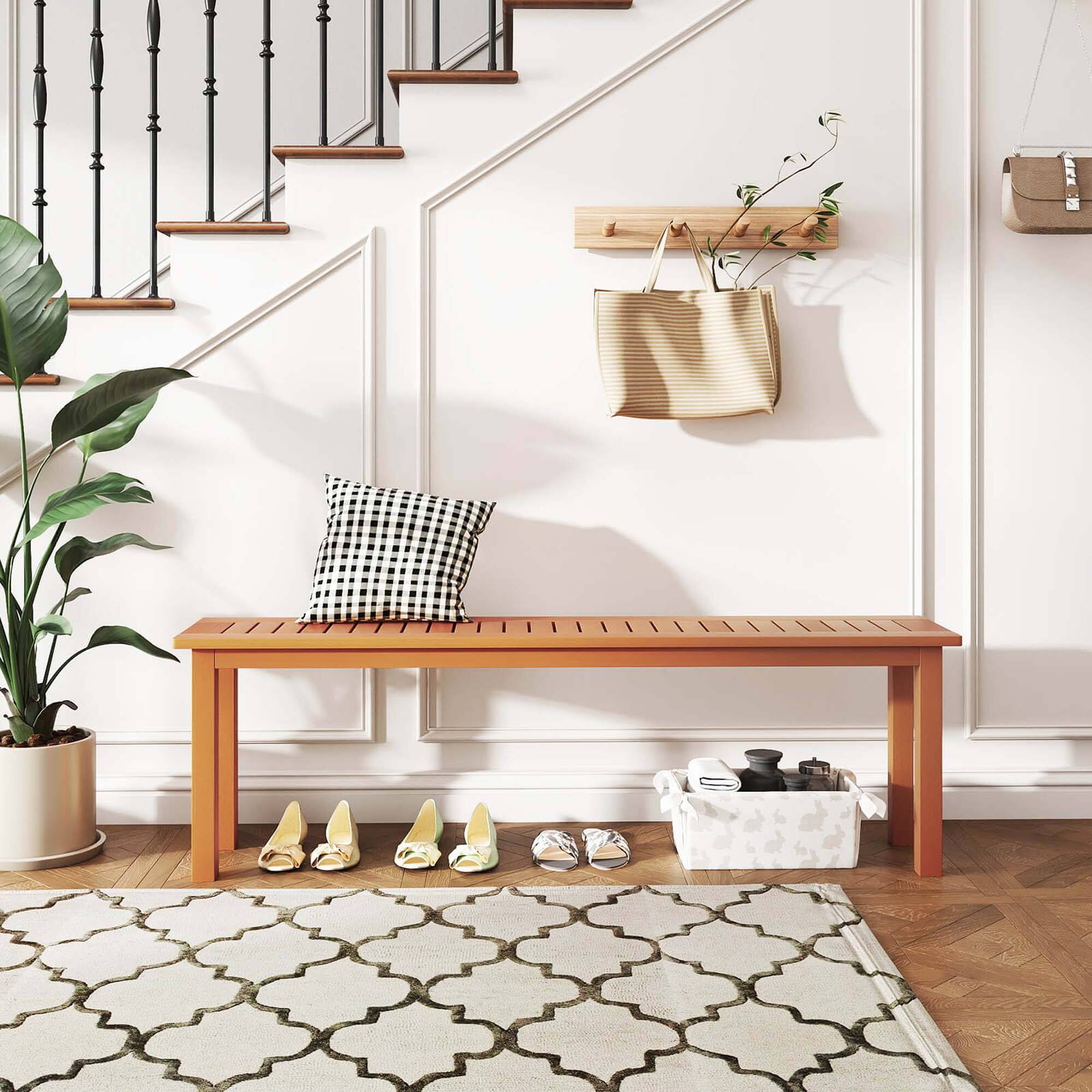 Back. Costway - 59" Long Patio Dining Bench with Teak Oil Finish & Slat Seat Accent Entryway Bench - Natural.