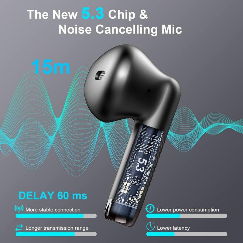 The New 5.3 Chip & Noise Cancelling Mic  
15m  

DELAY 60 ms  
- More stable connection  
- Longer transmission range  
- Lower power consumption  
- Lower latency