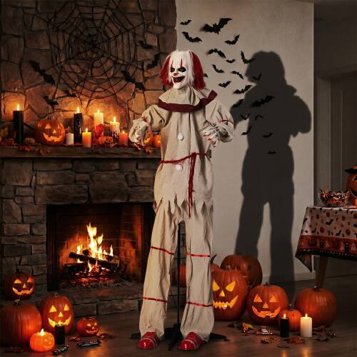 Alt View 6. Winado - 5.7FT Halloween Horror Clown with Light Eyes, Moveable Arms Prop for Indoor Outdoor Holiday Party Garden Decorations - Red & White.