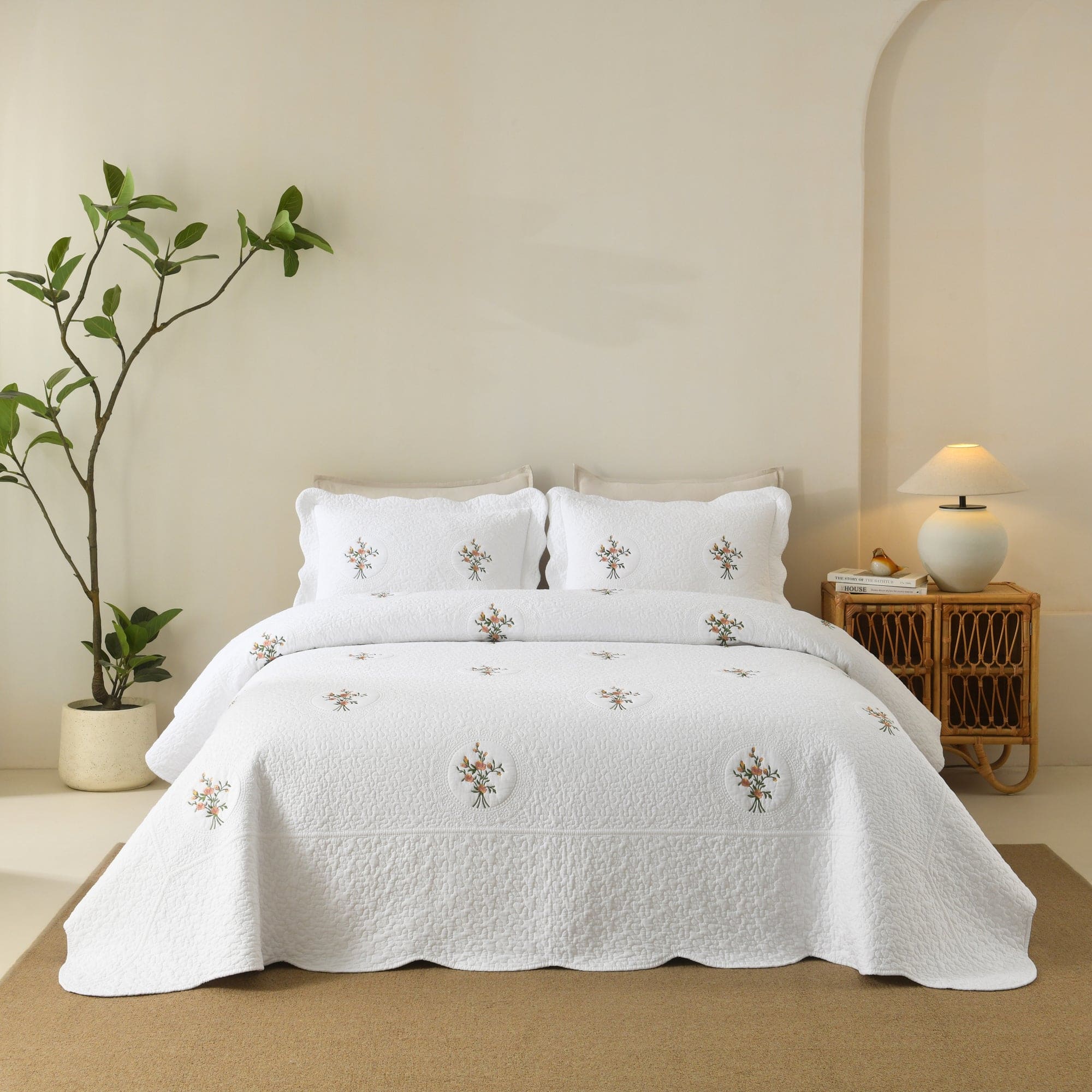 MarCielo - 3 Piece 100% Cotton Cover Rose Embroidered Vintage Cottage Quilt Bedspread Set - White price history on PriceWatchPro