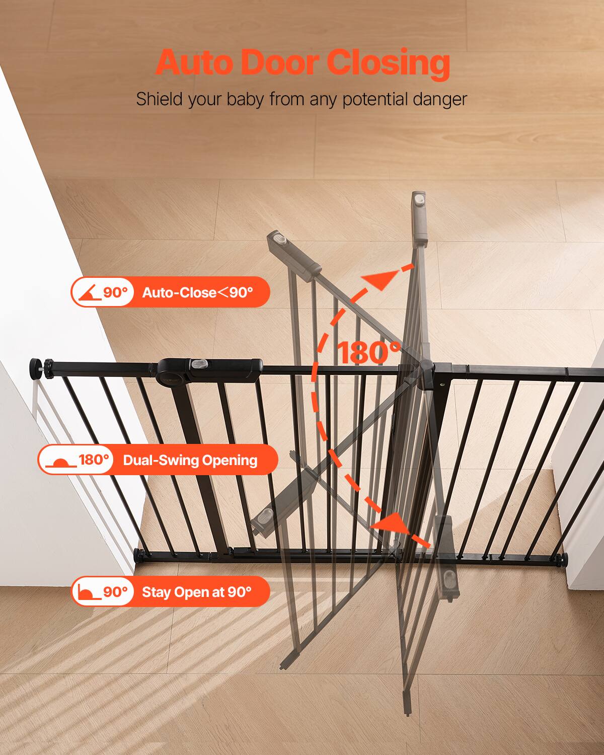 Auto Door Closing: Shield your baby from any potential danger.

- Auto-Close at 90°
- Dual-Swing Opening at 180°
- Stay Open at 90°