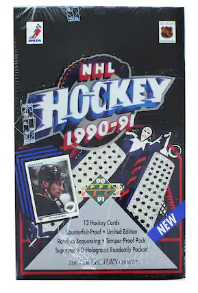 NHL HOCKEY 1990-91
P U D FIC - ERIP N. NHL NHLPA
12 Hockey Cards
Counterfeit-Proof Limited Edition
Random Sequencing
Tamper-Proof Pack
Superstar 3D Holograms Randomly Packed
THE COLLECTOR'S CHOICE
Wayne Gretzky
Center
LOS ANGELES KINGS
JOFA
90 UPPER DECK 91
NEW