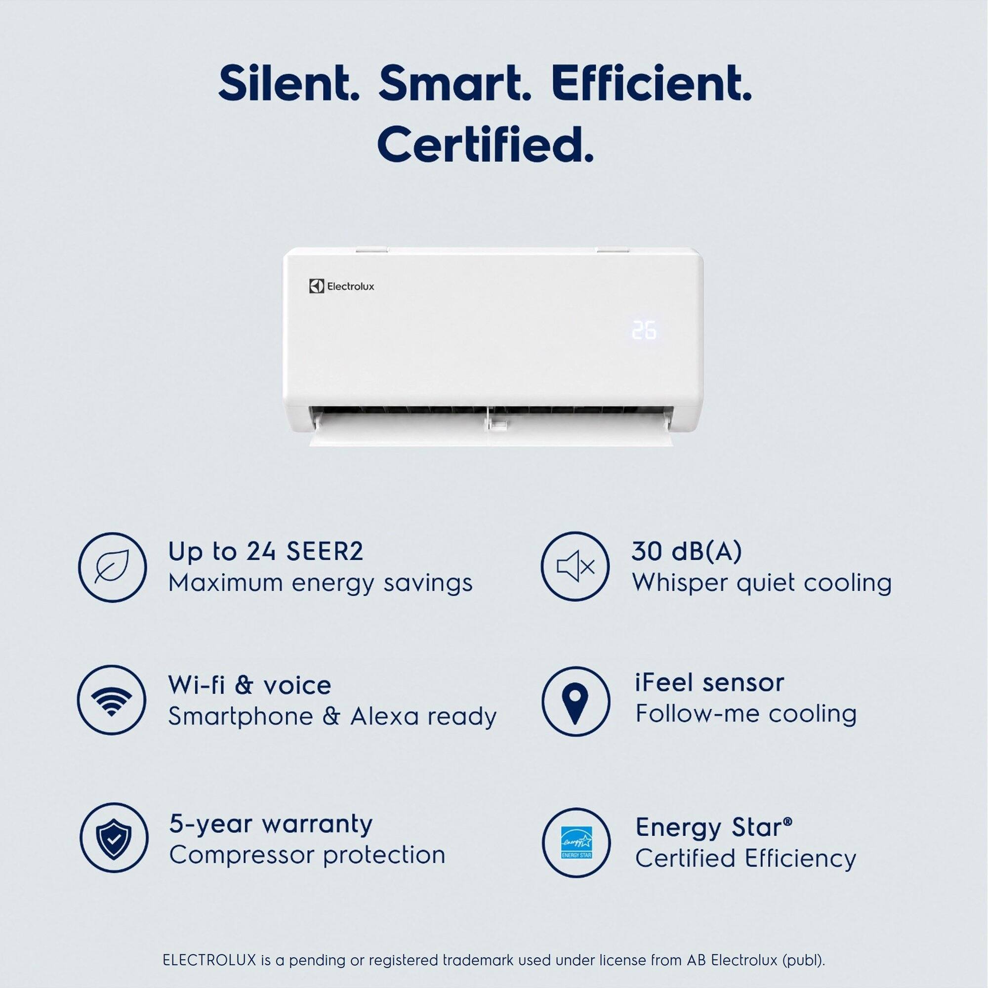 Silent. Smart. Efficient. Certified.

Electrolux

Up to 24 SEER2 Maximum energy savings

30 dB(A) Whisper quiet cooling

Wi-fi & voice Smartphone & Alexa ready

iFeel sensor Follow-me cooling

5-year warranty Compressor protection

Energy Star Certified Efficiency

ELECTROLUX is a pending or registered trademark used under license from AB Electrolux (publ).