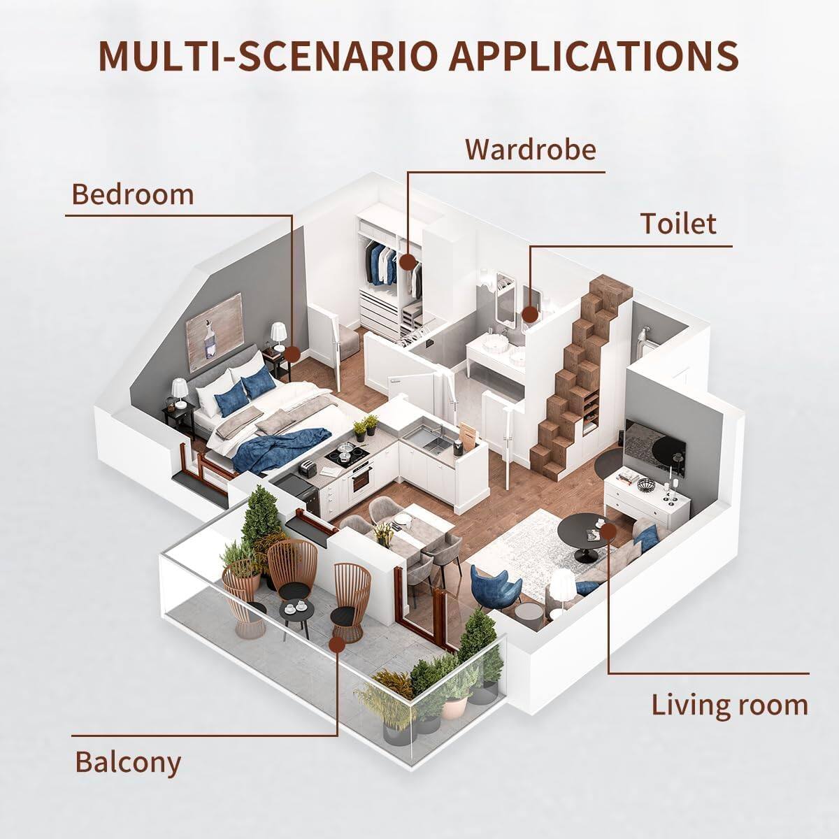 MULTI-SCENARIO APPLICATIONS

- Bedroom
- Wardrobe
- Toilet
- Living room
- Balcony