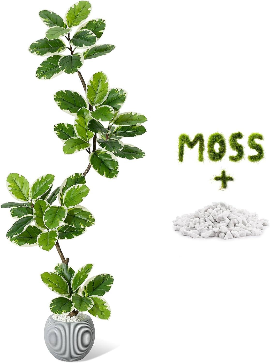 Left. Homhougo - Fiddle Leaf Fig Tree Artificial Indoor, 5FT Tall Faux Rubber Tree with Sphere Planter, Tall Artificial Plants with Moss - Green.