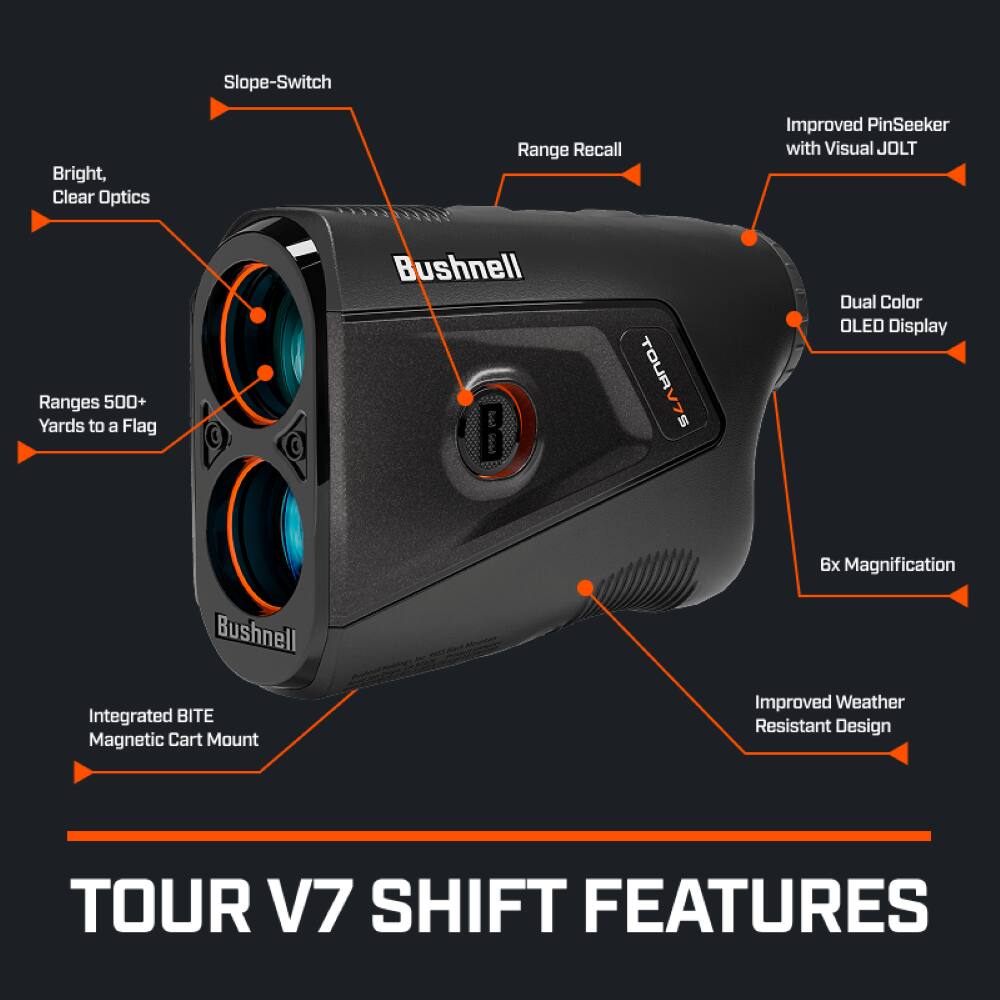 - Slope-Switch
- Bright, Clear Optics
- Ranges 500+ Yards to a Flag
- Improved PinSeeker with Visual JOLT
- Dual Color OLED Display
- 6x Magnification
- Integrated BITE Magnetic Cart Mount
- Improved Weather Resistant Design

TOUR V7 SHIFT FEATURES