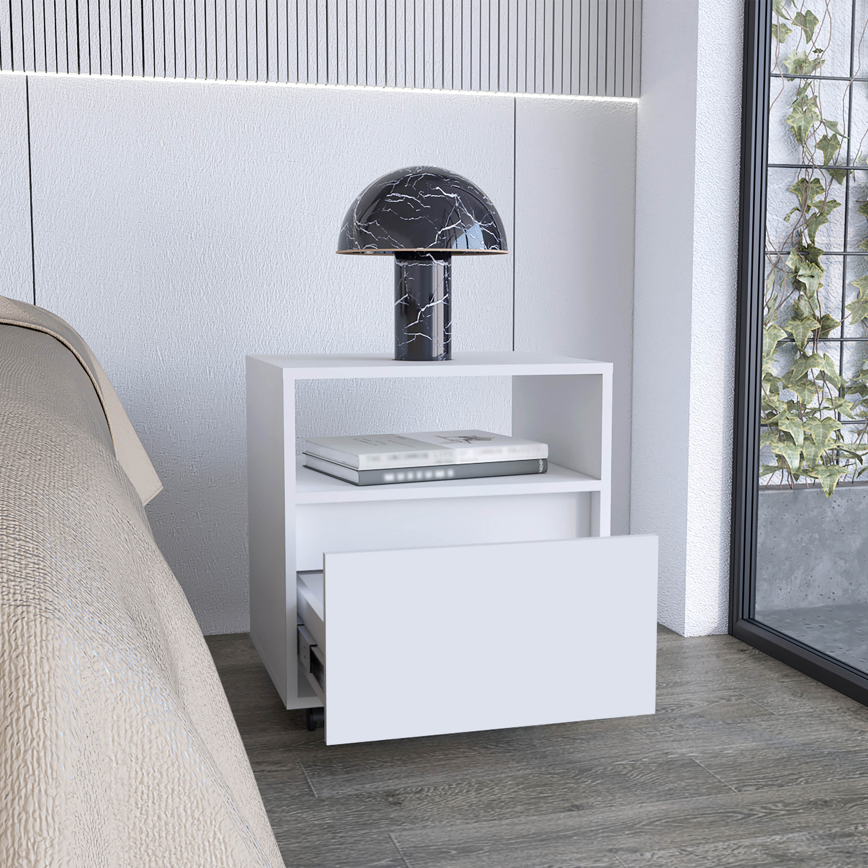 Angle. Tiramisubest - Compact Nightstand with Drawer, Open Shelf, and Casters, White - White.