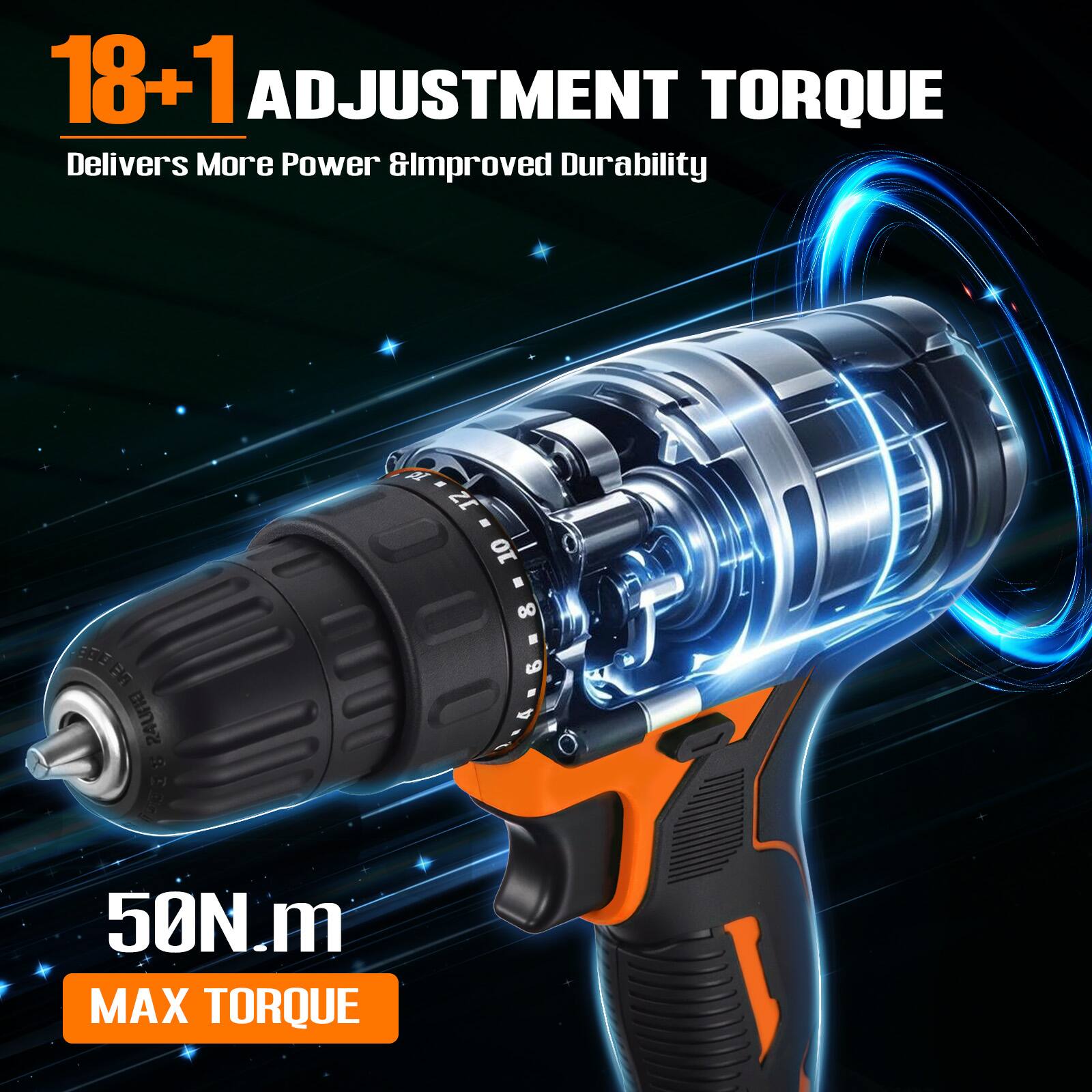 18+1 ADJUSTMENT TORQUE  
Delivers More Power & Improved Durability  

50N.m  
MAX TORQUE