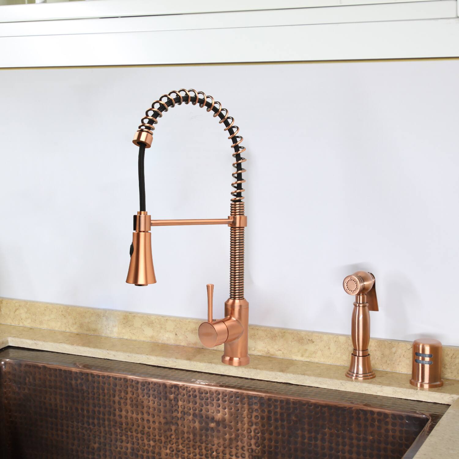 Alt View 7. Akicon - Akicon Solid Brass Single Handle Pre-Rinse Spring Kitchen Faucet with Pull Down Sprayer in Copper - Copper.