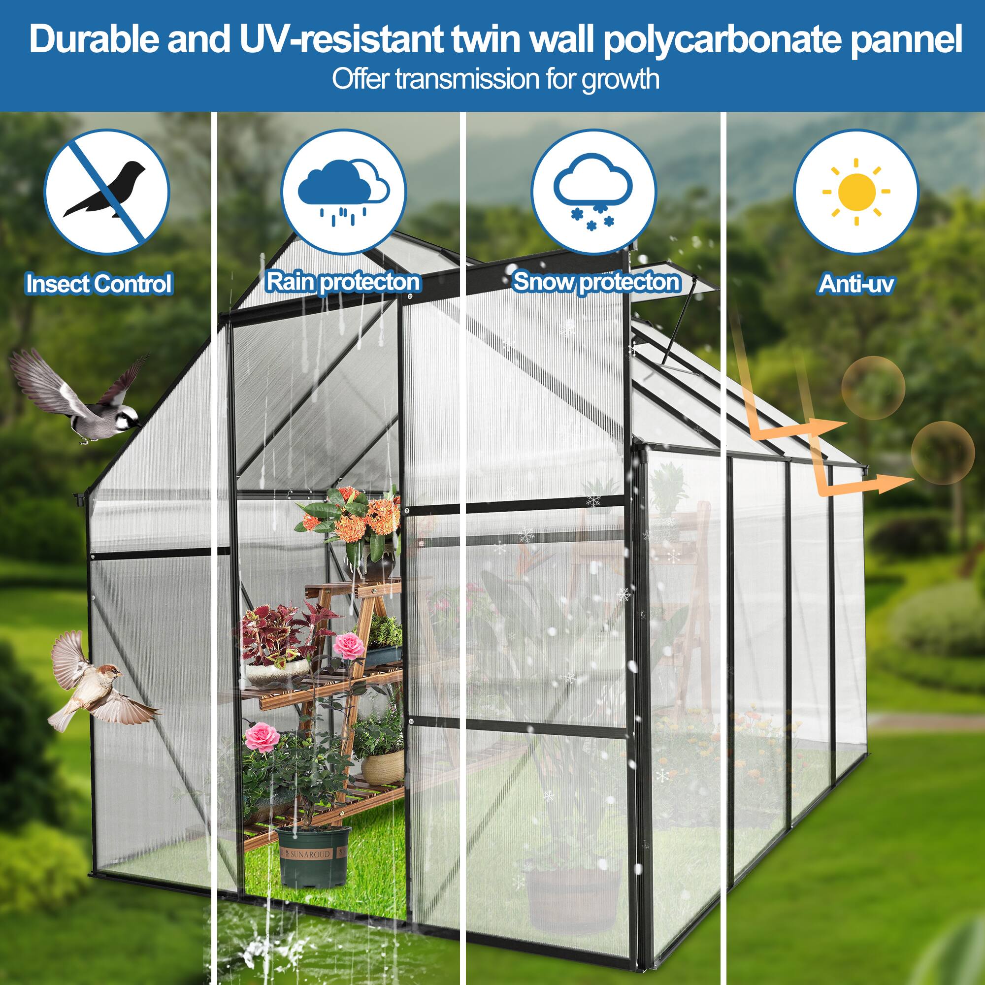 Durable and UV-resistant twin wall polycarbonate panel  
Offer transmission for growth  

- Insect Control  
- Rain protection  
- Snow protection  
- Anti-uv
