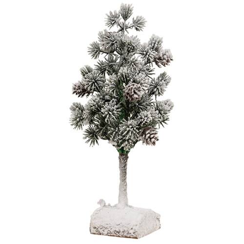 Front. BreeBe - Flocked Bristle Pine Tree w/Cones on Log 9" - Multicolor.