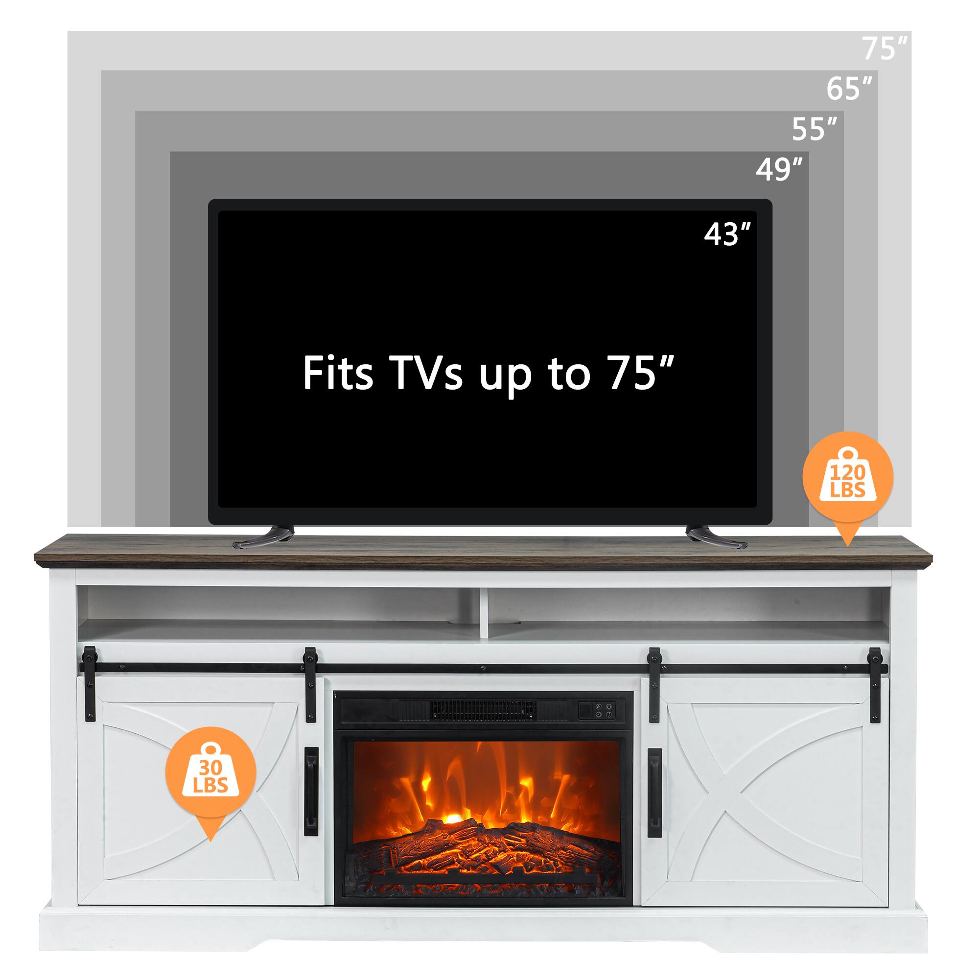 Fits TVs up to 75"

75" 65" 55" 49" 43"

120 LBS

30 LBS