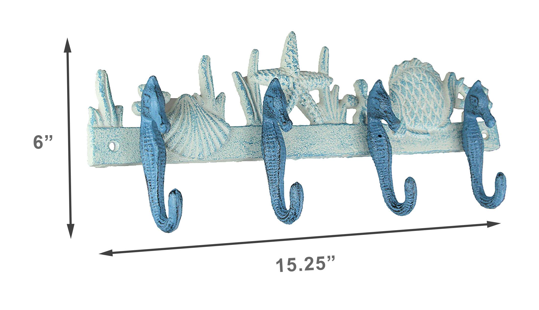 Alt View 5. Zeckos - Blue/White Cast Iron Seahorses Decorative Wall Hook Hanging Towel or Coat Rack - Blue.