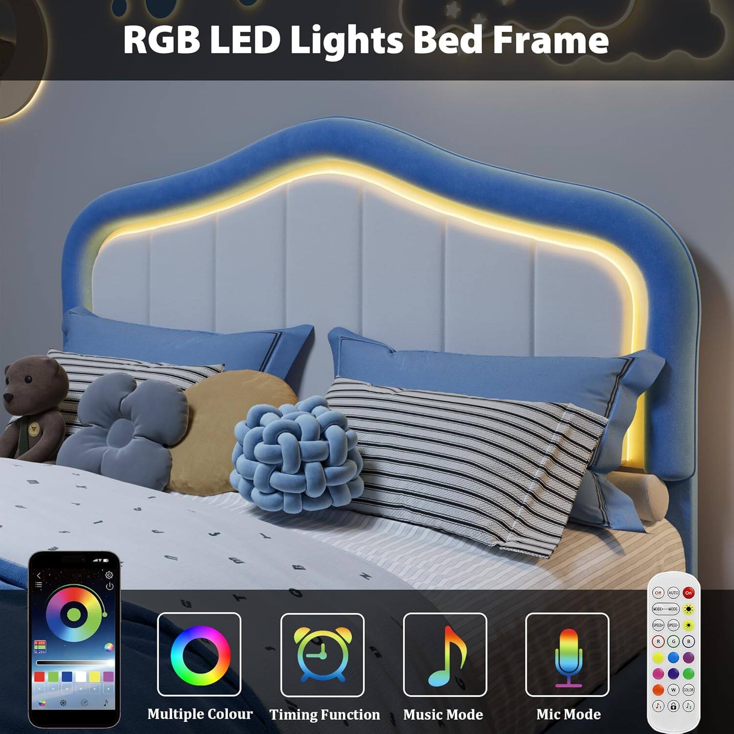 RGB LED Lights Bed Frame

- Multiple Colour
- Timing Function
- Music Mode
- Mic Mode