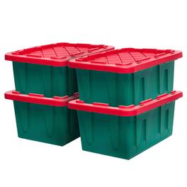 Homz - Durabilt 15 Gallon Heavy Duty Holiday Storage Tote, Green/Red (4 Pack) - Green Base/Red Lid
