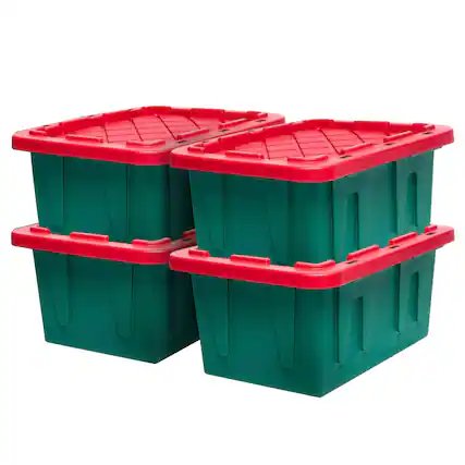 Front. Homz - HOMZ Durabilt 15 Gallon Heavy Duty Holiday Storage Tote, Green/Red (4 Pack) - Green Base/Red Lid.