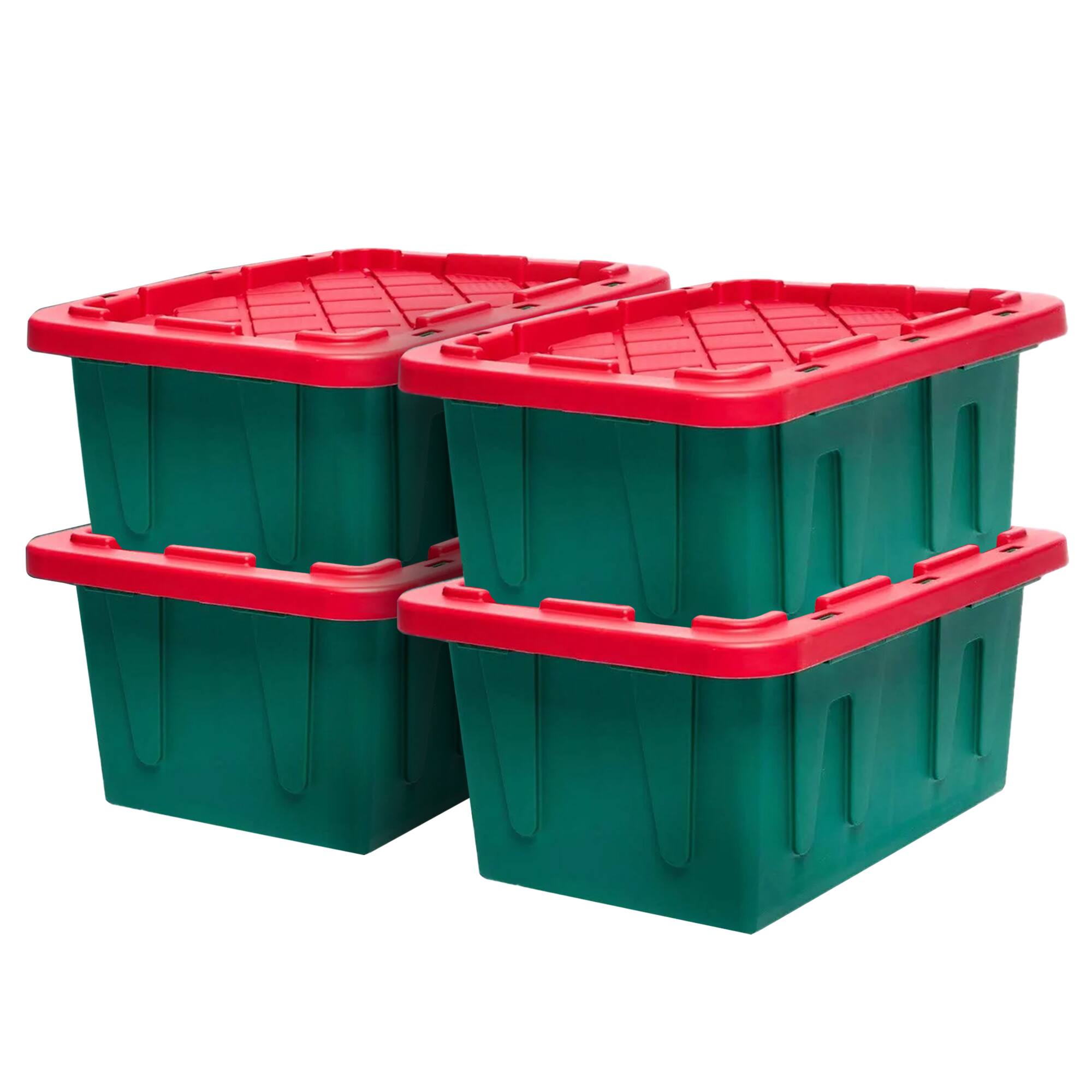 Front. Homz - HOMZ Durabilt 15 Gallon Heavy Duty Holiday Storage Tote, Green/Red (4 Pack) - Green Base/Red Lid.