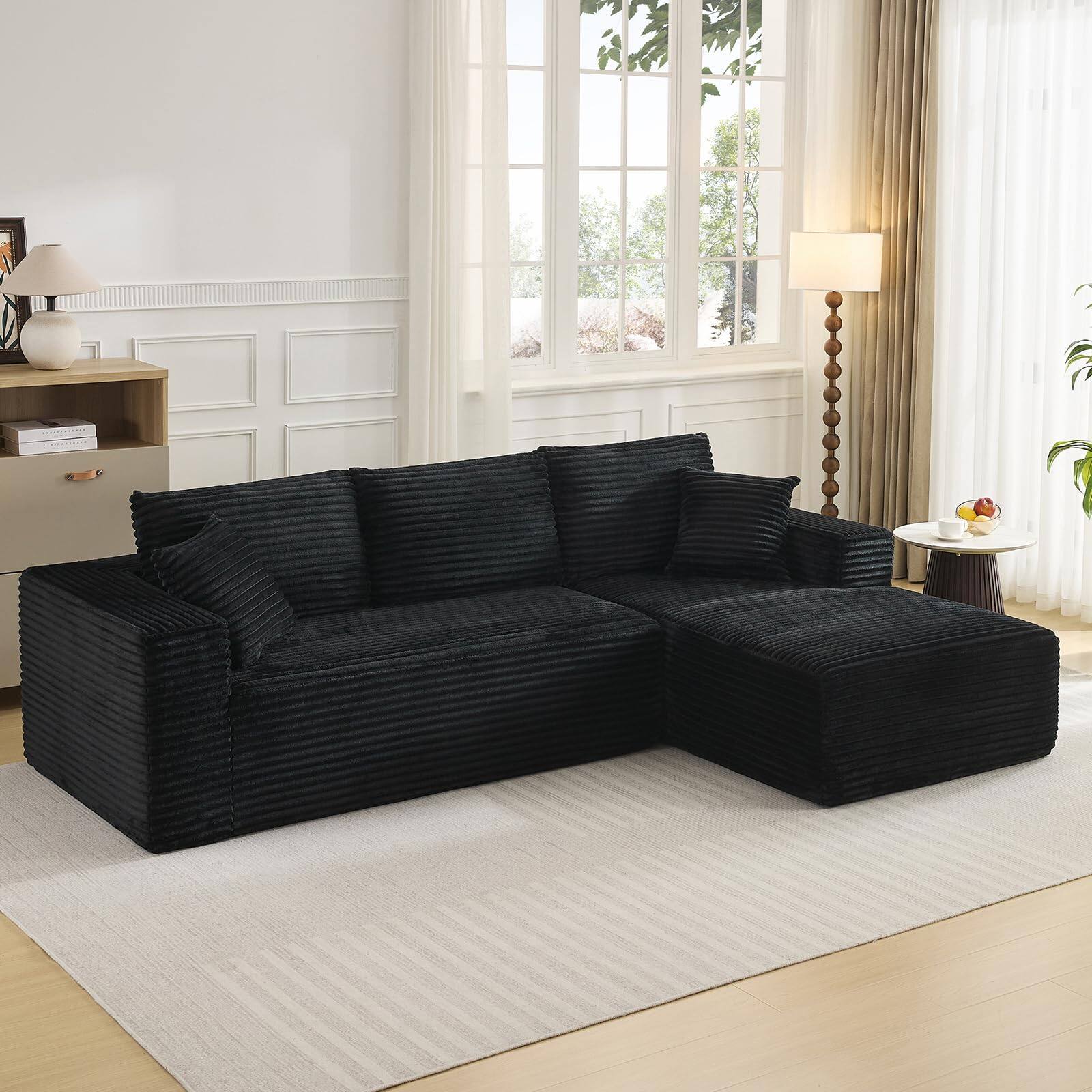 Front. Babevy - 108" L-Shaped Modular Sectional Sofa, 2-Piece Corduroy Cloud Couch with Deep Seats & Pillows, No Assembly - Black.