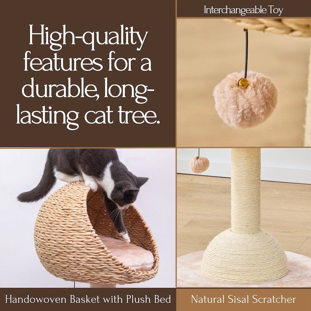 High-quality features for a durable, long-lasting cat tree.

Interchangeable Toy

Handwoven Basket with Plush Bed

Natural Sisal Scratcher