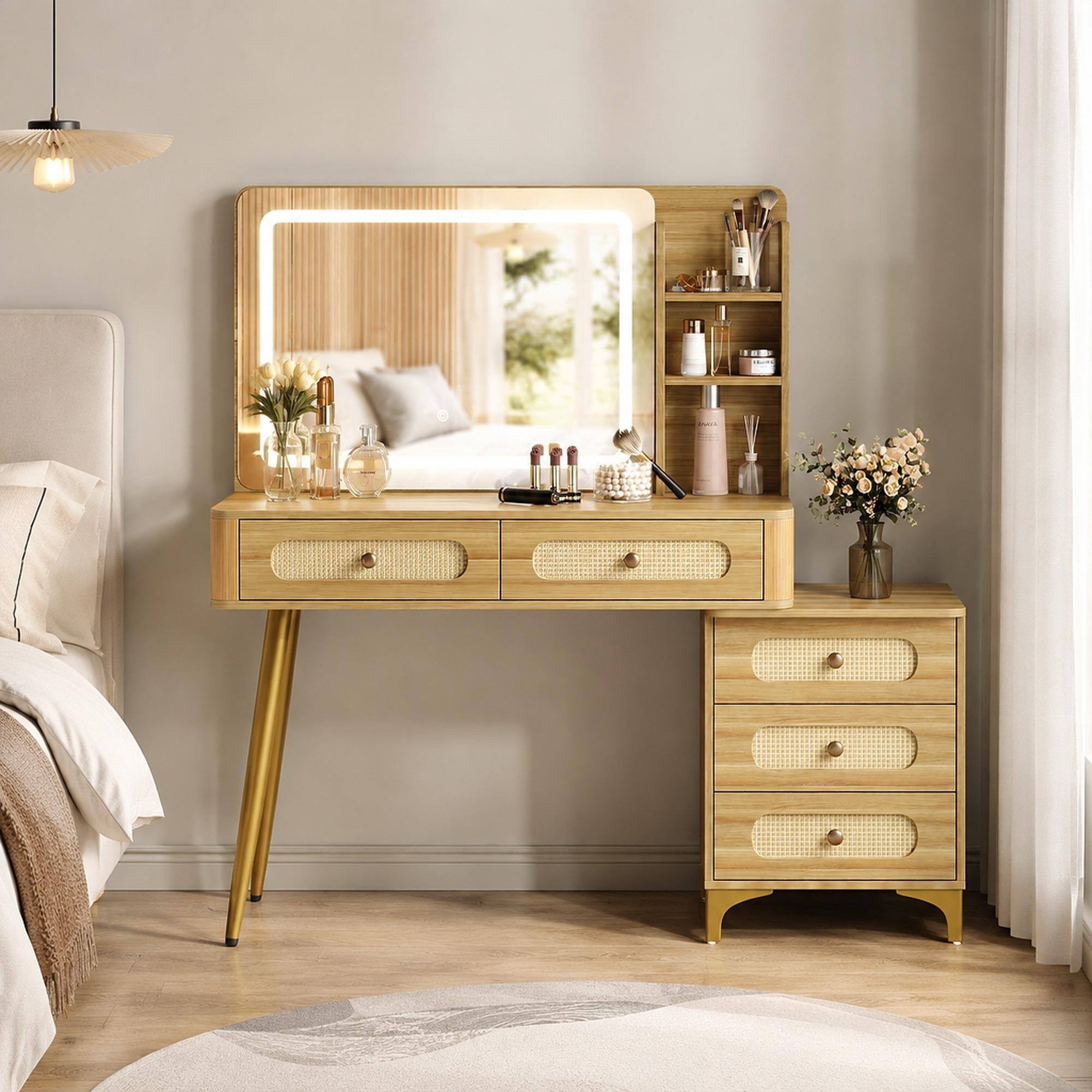 Front. RYHNUYNE - 47.2 in Vintage Makeup Vanity Desk, Rattan Drawers, Lighted Mirror, Natural Finish, 5 Drawers - Natural.