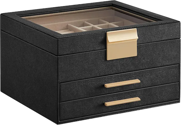 Front. Songmics Home - 3-Layer Jewelry Box Organizer with 2 Drawer in Ink Black and Gold - Black.