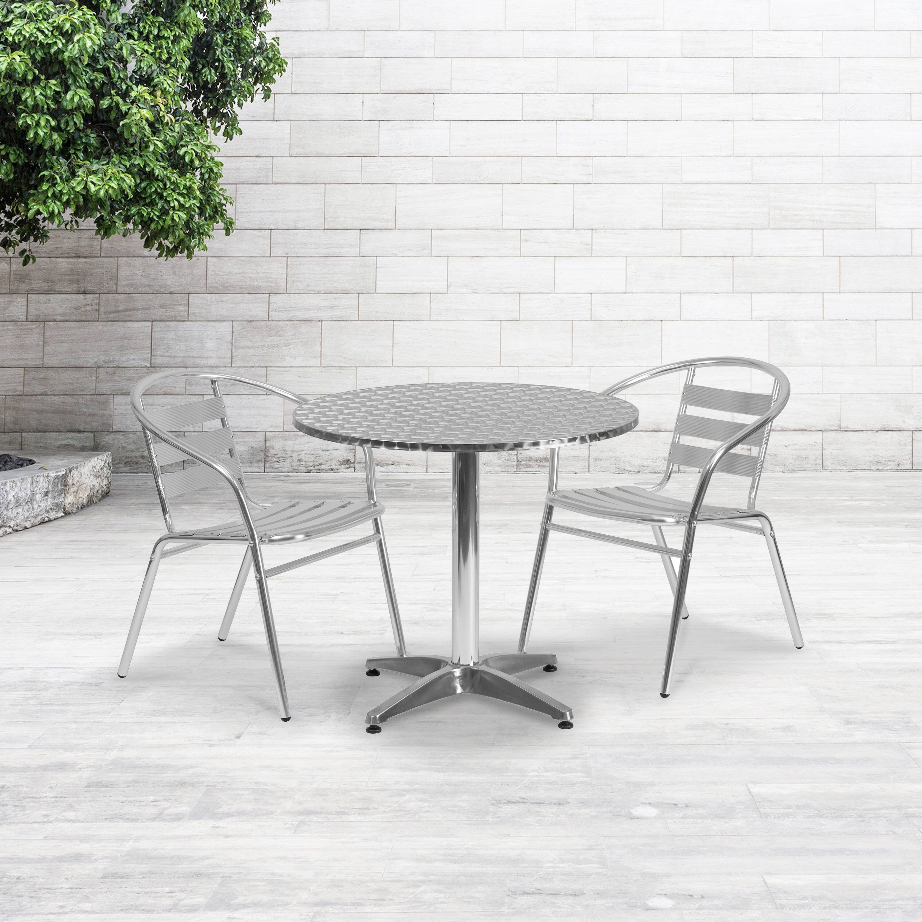 Alt View 1. Emma + Oliver - 31.5'' Round Aluminum Indoor-Outdoor Table Set with 2 Slat Back Chairs - Aluminum.