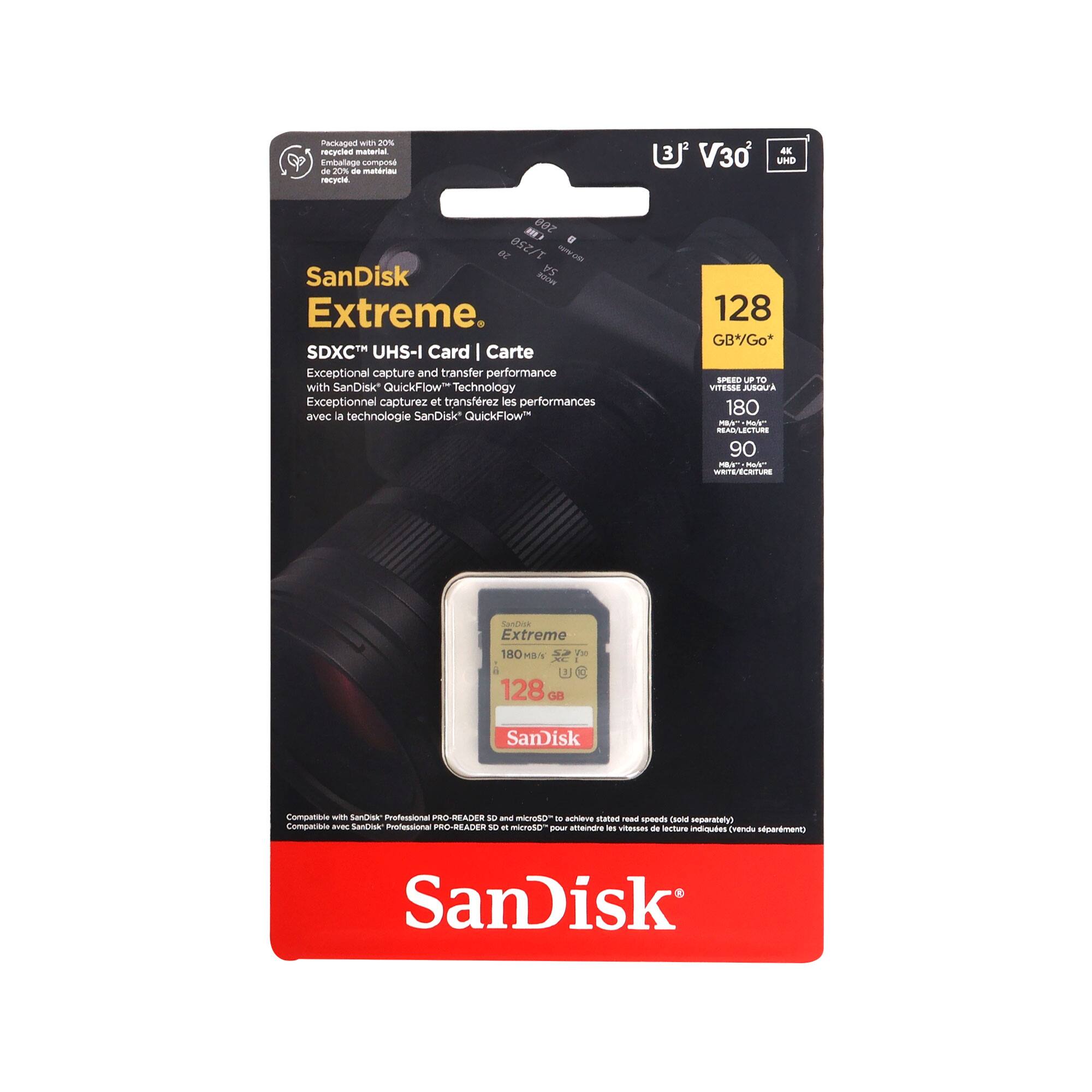 SanDisk Extreme  
SDXC™ UHS-I Card | Carte  
Exceptional capture and transfer performance with SanDisk QuickFlow™ Technology  
Exceptionnel capture et transfert les performances avec la technologie SanDisk QuickFlow™  

128 GB*  
V30  
4K UHD  

Speed up to:  
180 MB/s  
Read - Lecture  
90 MB/s  
Write - Écriture  

Compatible with SanDisk Professional PRO-READER SD and microSD  
Compatible avec SanDisk Professional PRO-READER SD et microSD  

Packaged with 20% recycled material  
Emballage composé de 20% de matériaux recyclés  

SanDisk