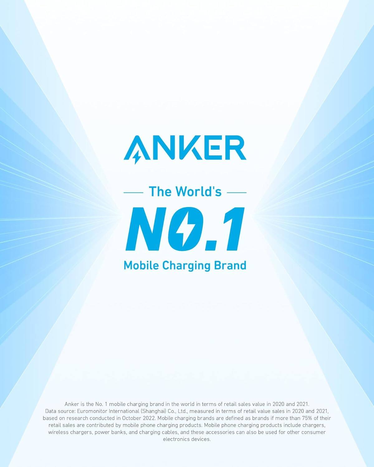 ANKER  
The World's NO.1 Mobile Charging Brand  

Anker is the No. 1 mobile charging brand in the world in terms of retail sales value in 2020 and 2021. Data source: Euromonitor International (Shanghai) Co., Ltd., measured in terms of retail value sales in 2020 and 2021, based on research conducted in October 2022. Mobile charging brands are defined as brands if more than 75% of their retail sales are contributed by mobile phone charging products. Mobile phone charging products include chargers, wireless chargers, power banks, and charging cables, and these accessories can also be used for other consumer electronics devices.