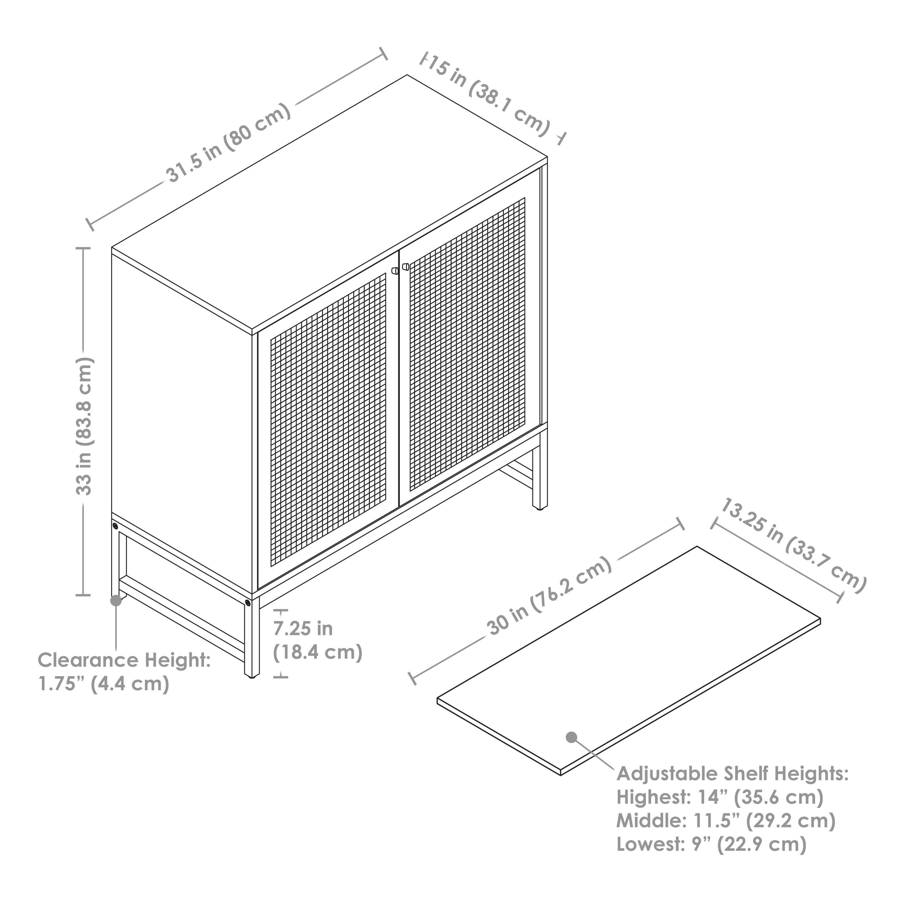 - Height: 33 in (83.8 cm)
- Width: 115 in (38.1 cm)
- Depth: 31.5 in (80 cm)
- Clearance Height: 1.75" (4.4 cm)
- Adjustable Shelf Heights:
  - Highest: 14" (35.6 cm)
  - Middle: 11.5" (29.2 cm)
  - Lowest: 9" (22.9 cm)
- Shelf Depth: 30 in (76.2 cm)
- Shelf Width: 13.25 in (33.7 cm)