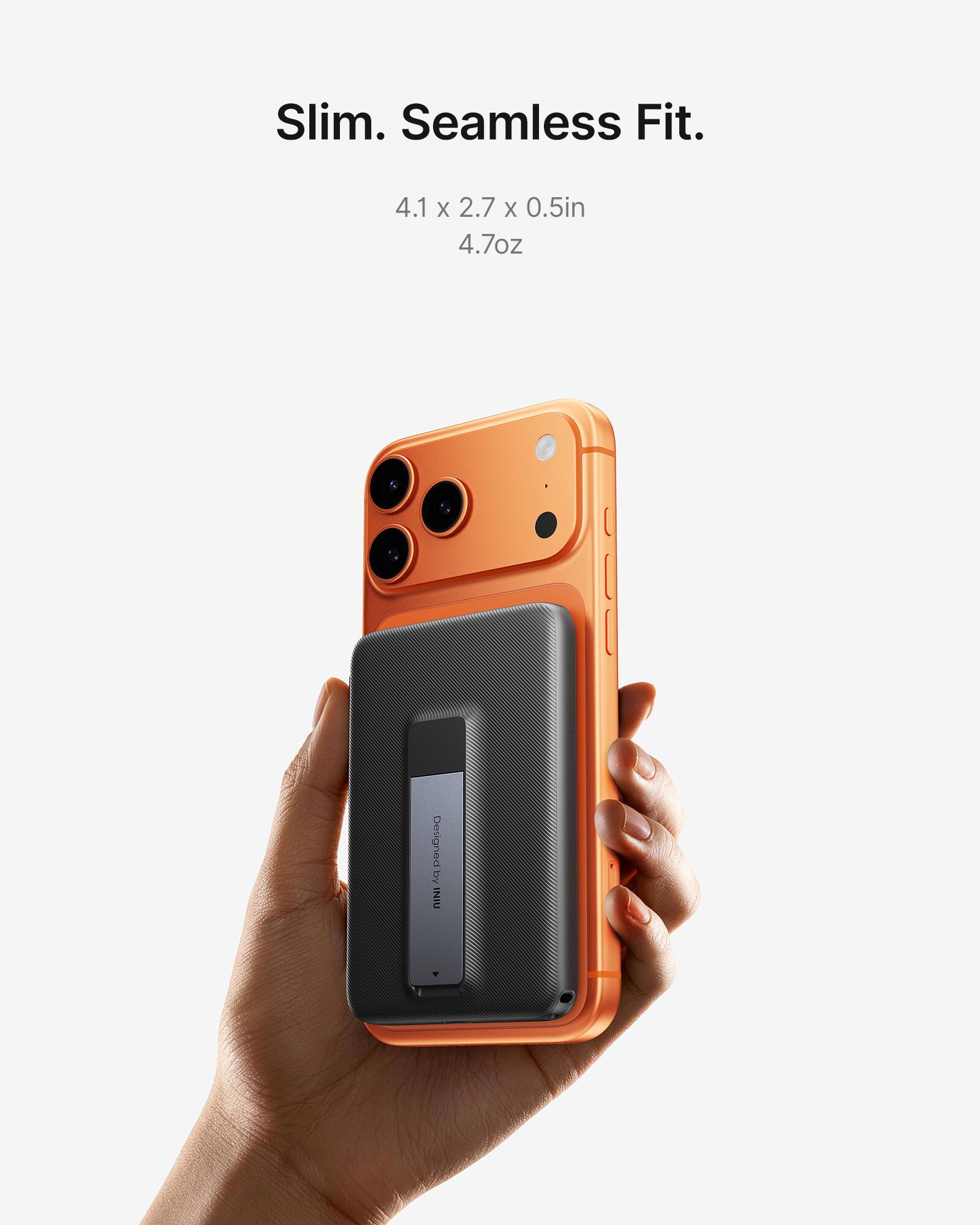 Slim. Seamless Fit.  
4.1 x 2.7 x 0.5in  
4.7oz  
Designed by INIU