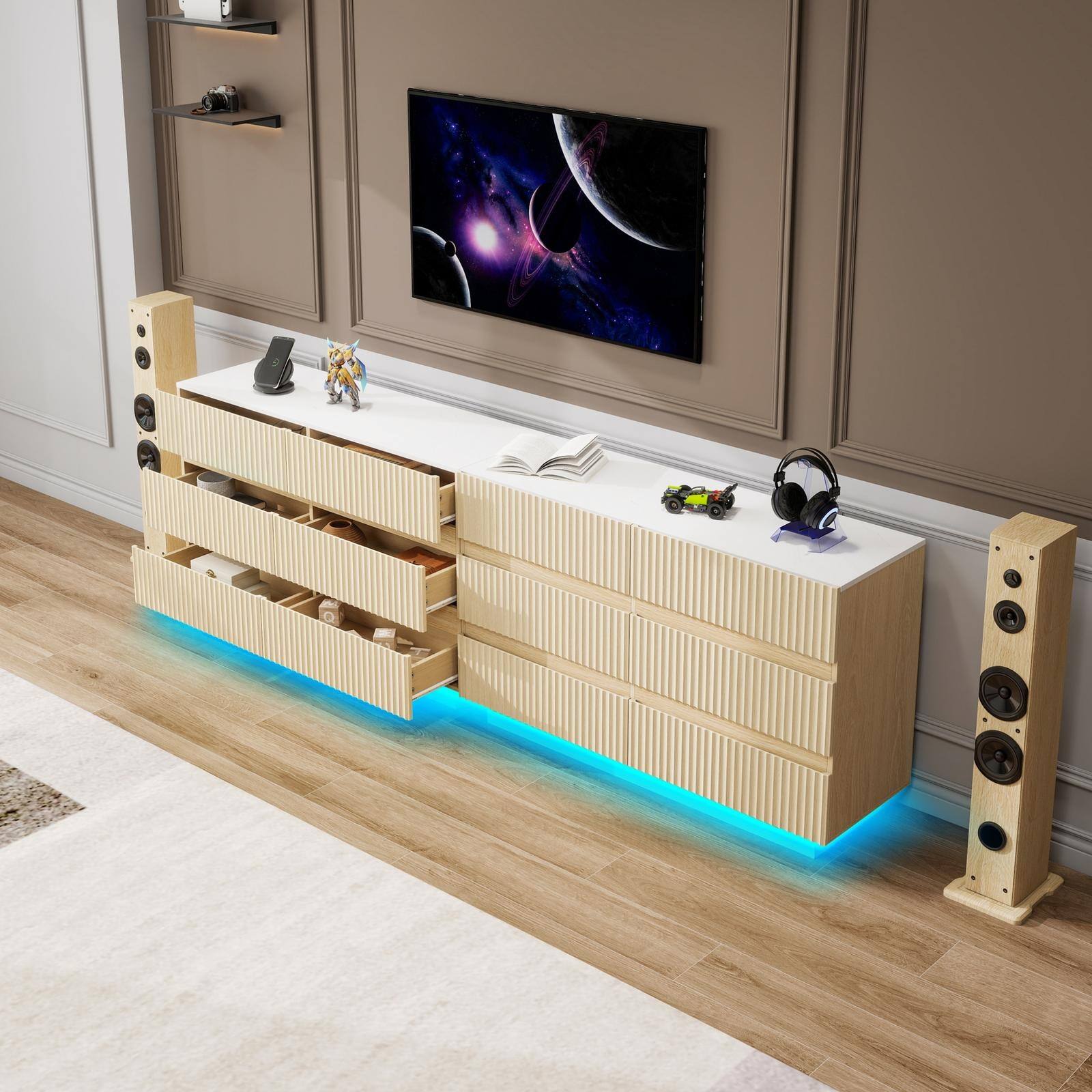 Alt View 5. Spaco - Spaco 47.24" Fluted Modern 6-Drawer Dresser, Double Dresser with LED, for Bedroom, Living Room, Hallway - Natural.