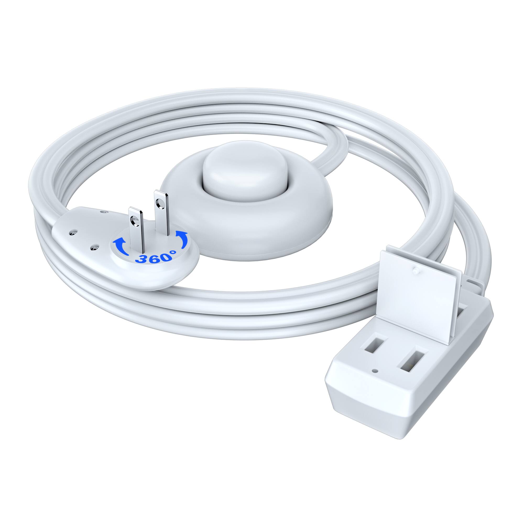 Maximm - 3ft 360° Rotating Flat Plug Extension Cord with on and Off Switch, 2 Prong, 3 Outlets - White