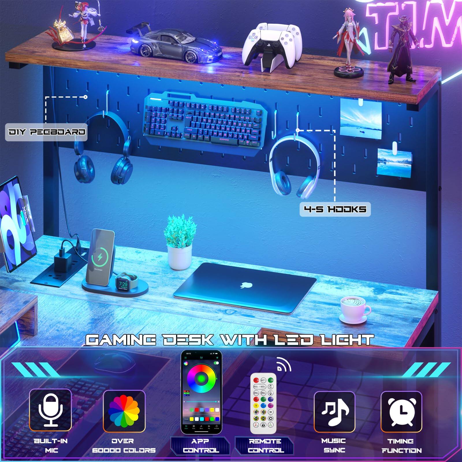 DIY Pegboard  
4-5 Hooks  

Gaming Desk with LED Light  

Built-in Mic  
Over 60,000 Colors  
App Control  
Remote Control  
Music Sync  
Timing Function