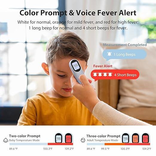 Color Prompt & Voice Fever Alert

White for normal, orange for mild fever, and red for high fever; 1 long beep for normal and 4 short beeps for fever.

Measurement Completed
1 Long Beeps

Fever Alert
4 Short Beeps

Two-color Prompt
Baby Temperature Mode
98.6°F

Three-color Prompt
Adult Temperature Mode
89.6°F 99.5°F 100.3°F 109.2°F