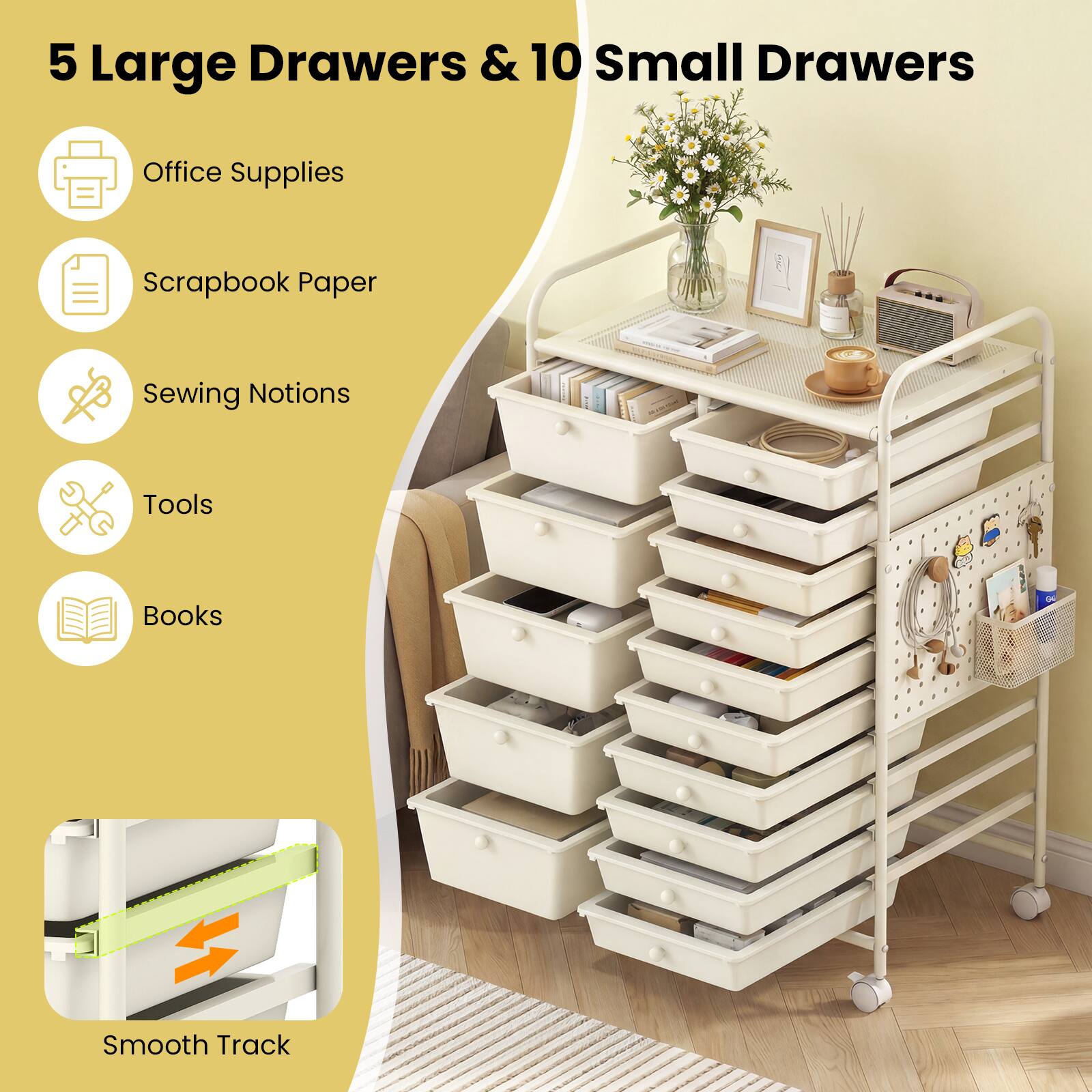 5 Large Drawers & 10 Small Drawers

- Office Supplies
- Scrapbook Paper
- Sewing Notions
- Tools
- Books

Smooth Track