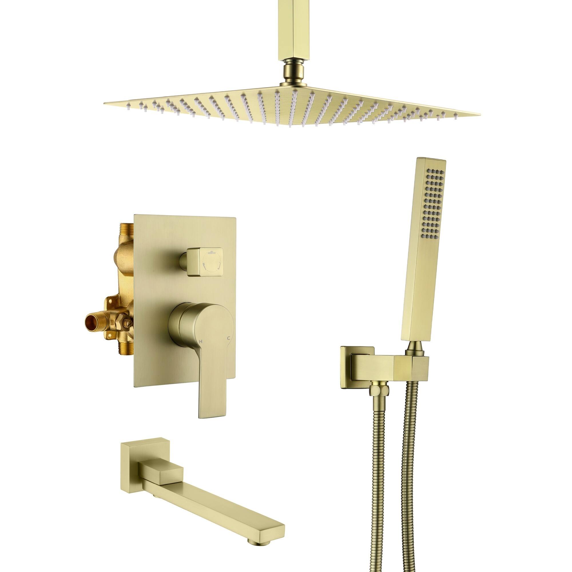 Front. Boyel Living - Brushed Gold 12-Inch Rain Shower System Brass SUS304 3-Function Valve Handheld 180° Spout cUPC - Brushed Gold.