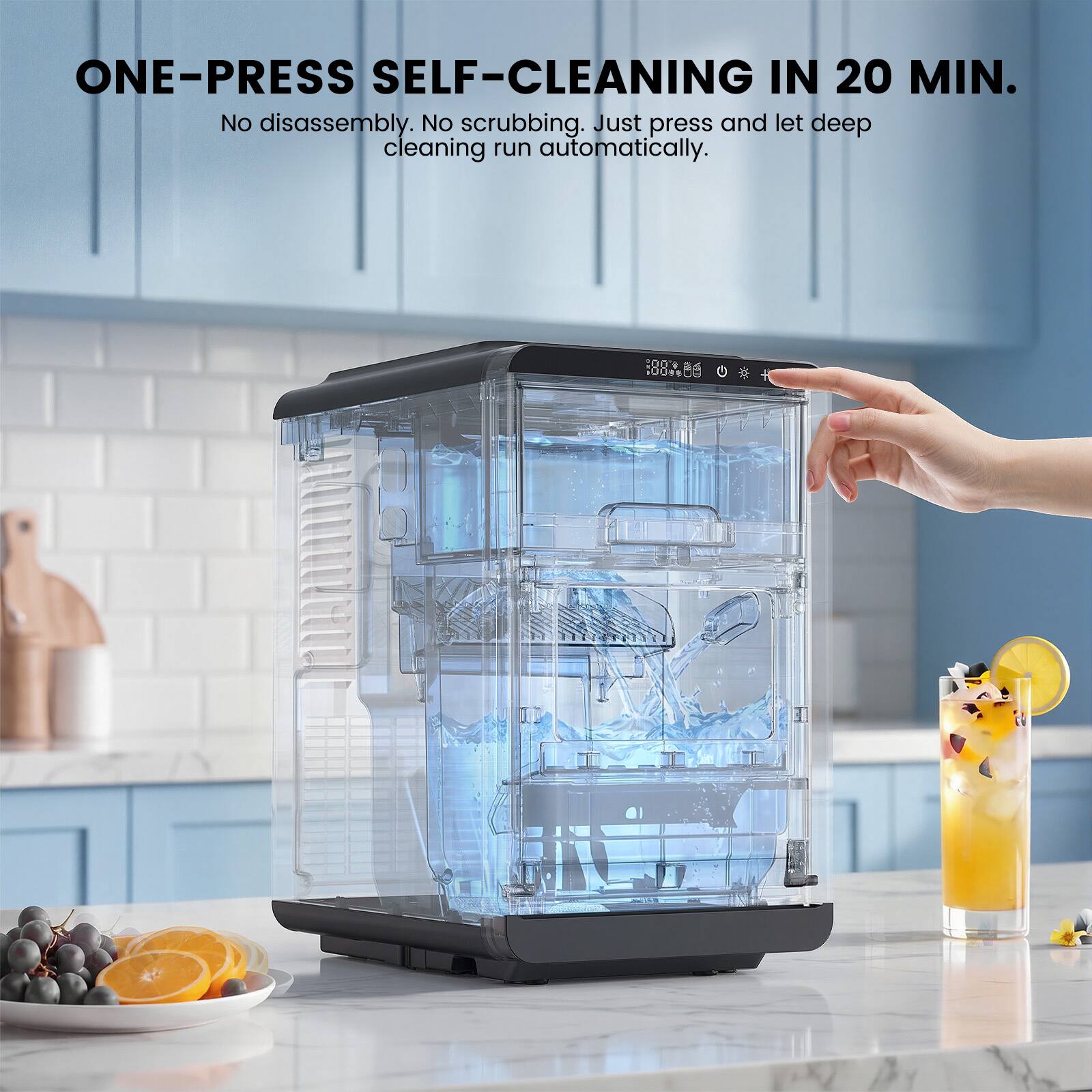 ONE-PRESS SELF-CLEANING IN 20 MIN.  
No disassembly. No scrubbing. Just press and let deep cleaning run automatically.