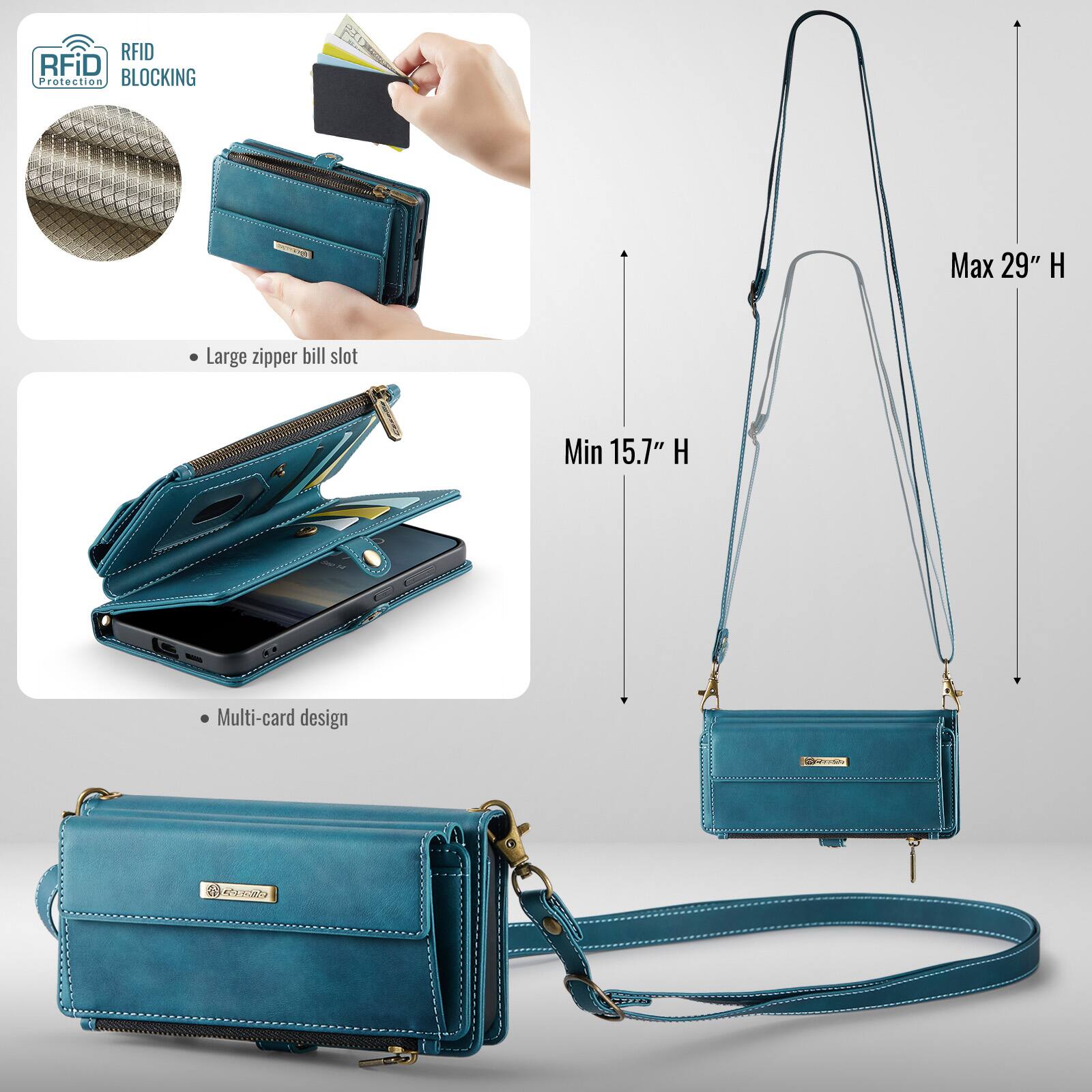 RFID Protection BLOCKING

Max 29" H
Large zipper bill slot
Min 15.7" H
Multi-card design