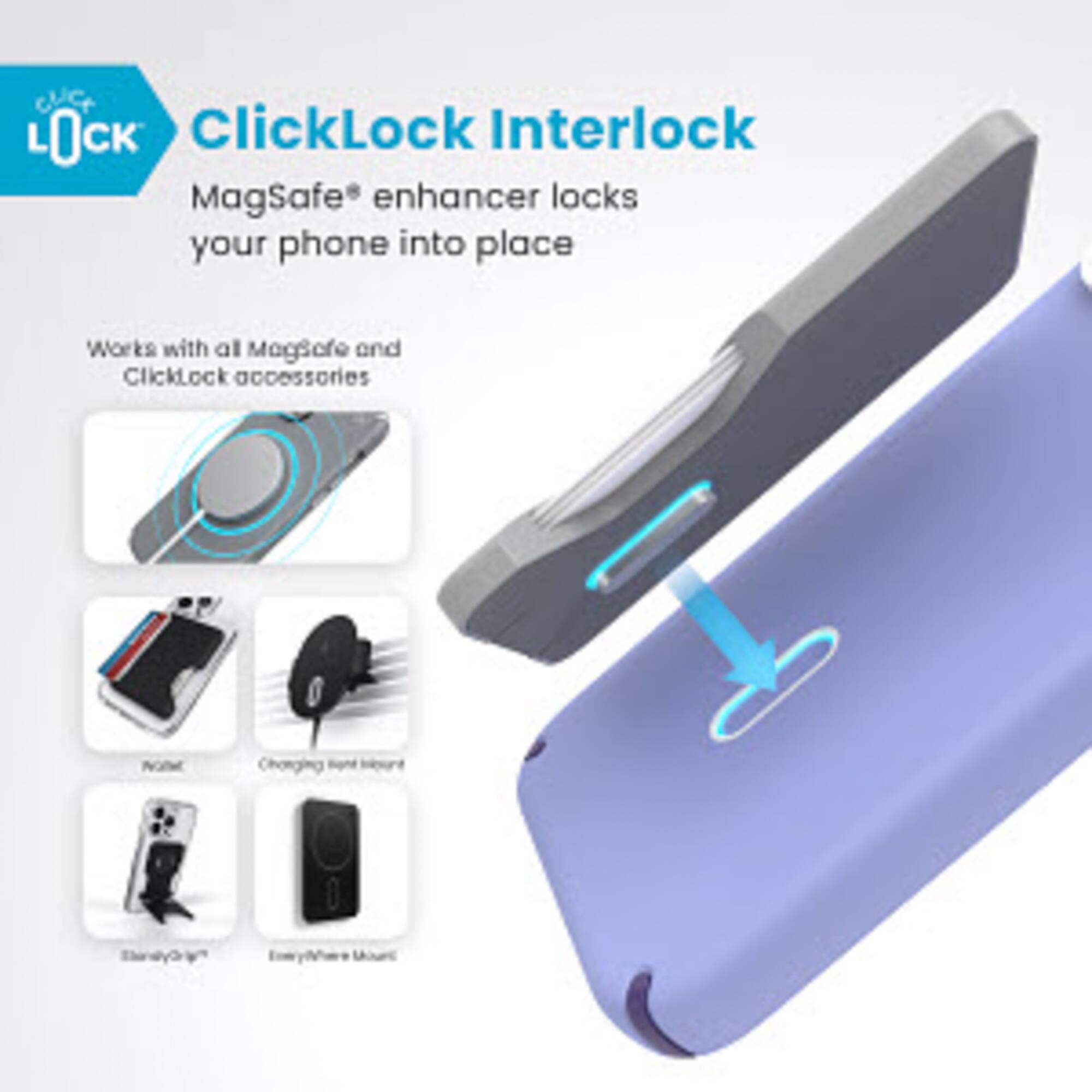 ClicLock ClickLock Interlock MagSafe enhancer locks your phone into place. It works with all MagSafe and ClickLock accessories.