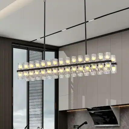 Front. Kadyn - Rectangular Luxurious Crystal Chandelier for Living Room & Dining Room, Black Frame with K9 Crystals, Black - Black.