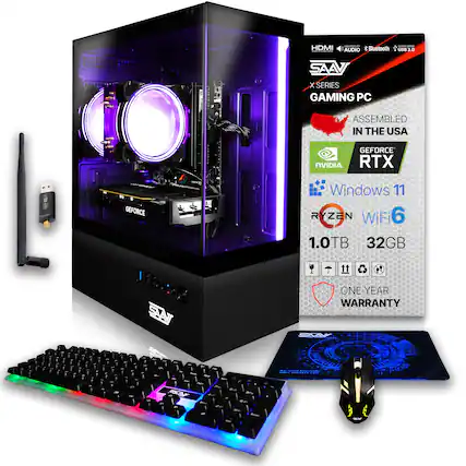 A - HDMI AUDIO & Bluetooth SAN X SERIES GAMING PC ... S Usa 3.0 ASSEMBLED IN THE USA GEFORCE NVIDIA RTX GEFORCE 1 SAN Windows 11 RYZEN WiFi 6 1.0TB 32GB ONE YEAR WARRANTY