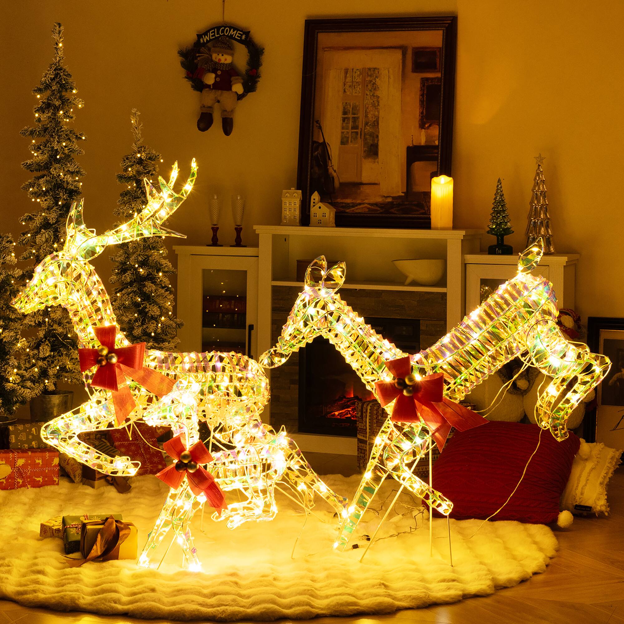 Alt View 1. Gymax - Gymax Christmas Lighted Reindeer w/ LED Lights & Red Bows Stakes - White.