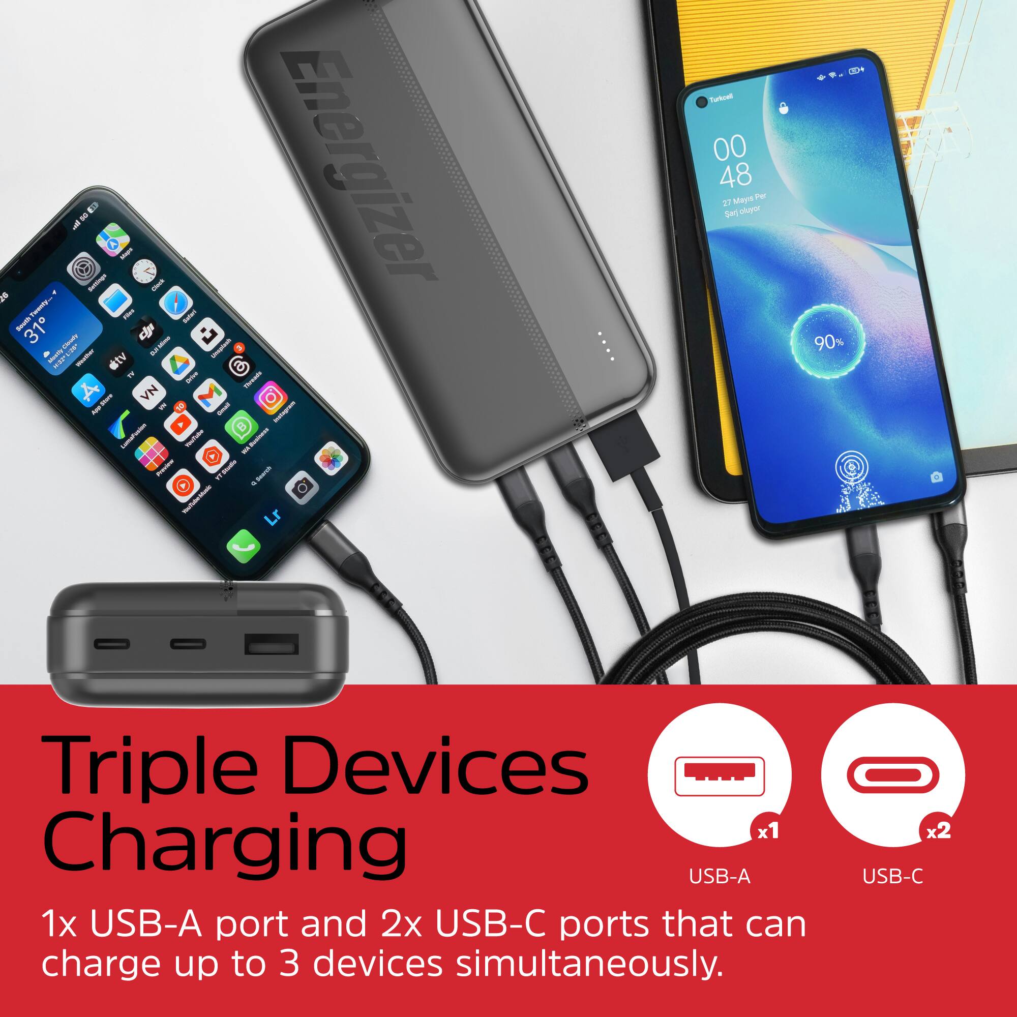 Triple Devices Charging

1x USB-A port and 2x USB-C ports that can charge up to 3 devices simultaneously.