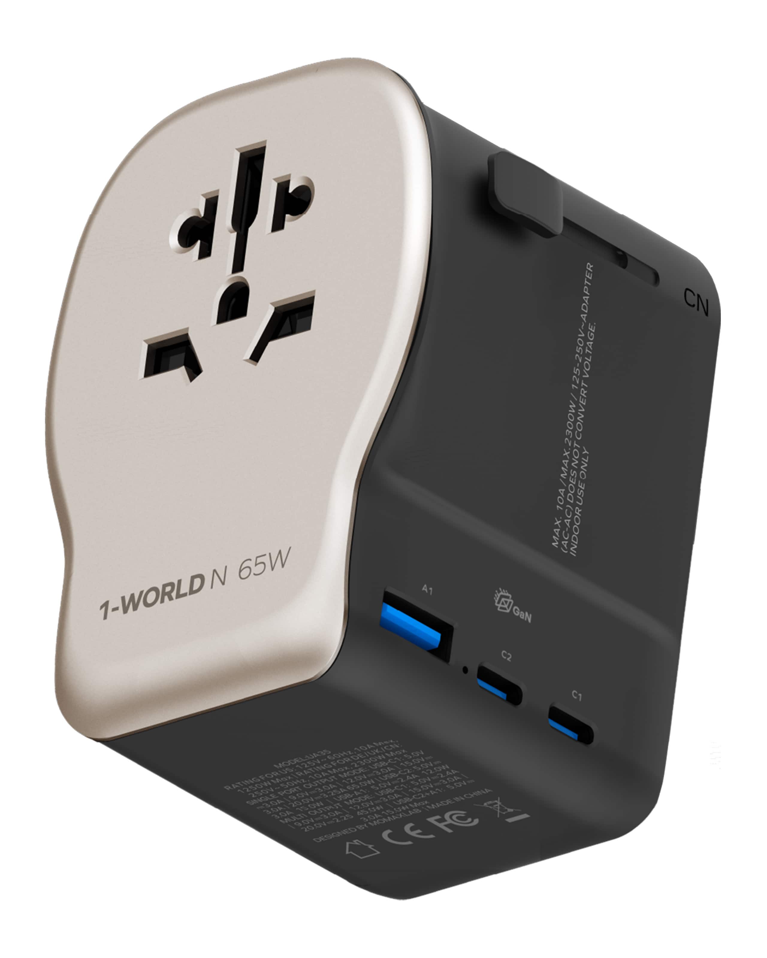 Momax - Universal Travel Adapter with Separate Grounding Prong, GaN 65W International Power Adapter with AC×1 & DC×3 - Gold