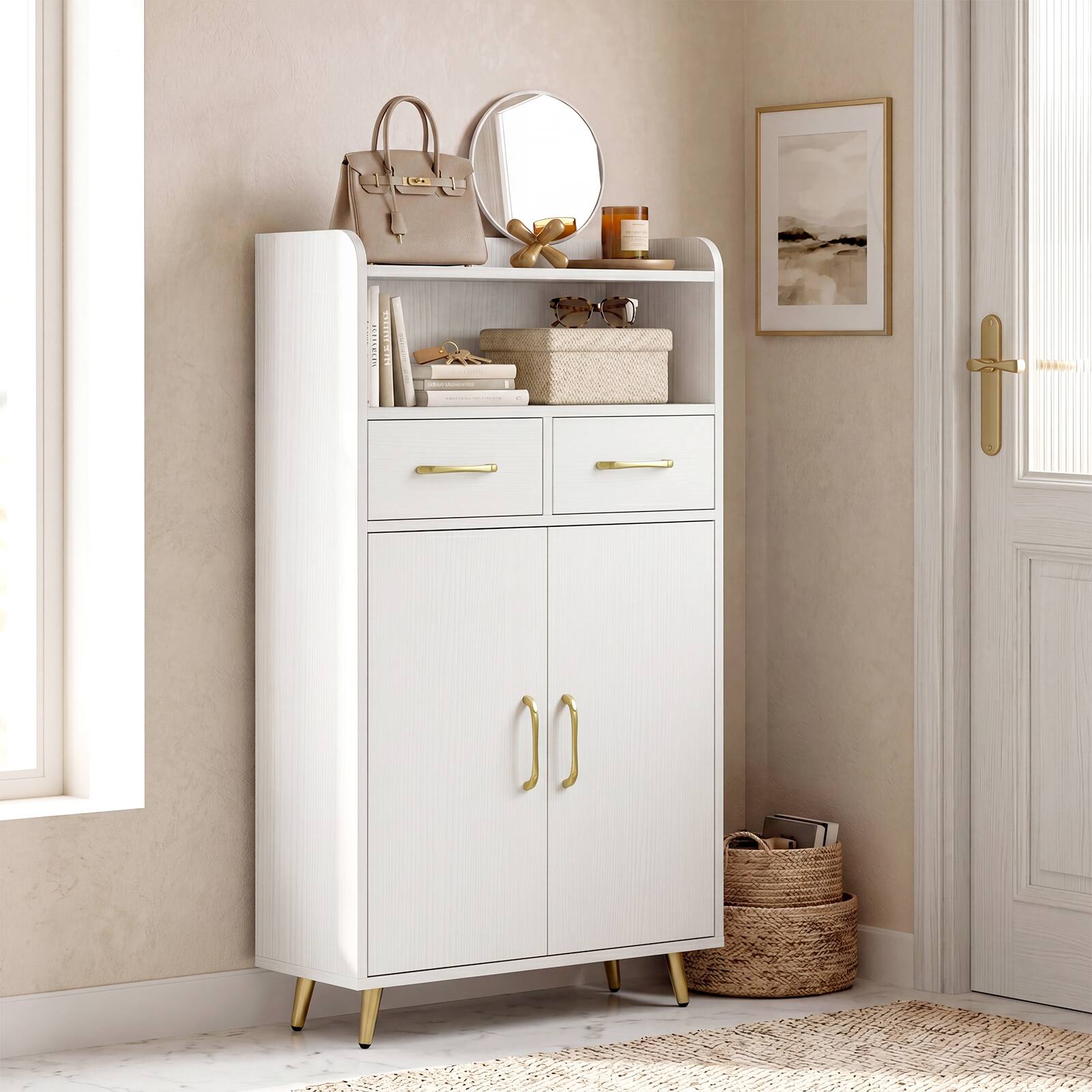 Alt View 4. Costway - Costway Bathroom Storage Cabinet with 2 Drawers and 2 Doors, Adjustable Shelf & Metal Legs - White.