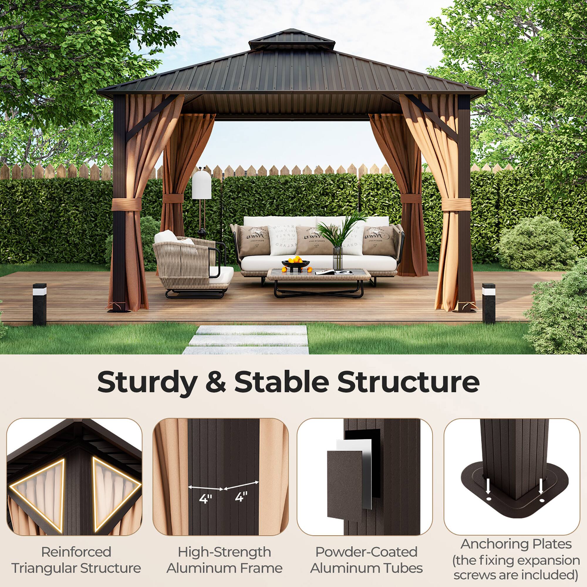 Sturdy & Stable Structure

- Reinforced Triangular Structure
- High-Strength Aluminum Frame
- Powder-Coated Aluminum Tubes
- Anchoring Plates (the fixing expansion screws are included)