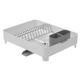 OU - Dish Drying Rack with Drainage Spout, Nonslip Dish Drainer with Removable Cutlery Holder for Plates, Bowls & Utensils - White