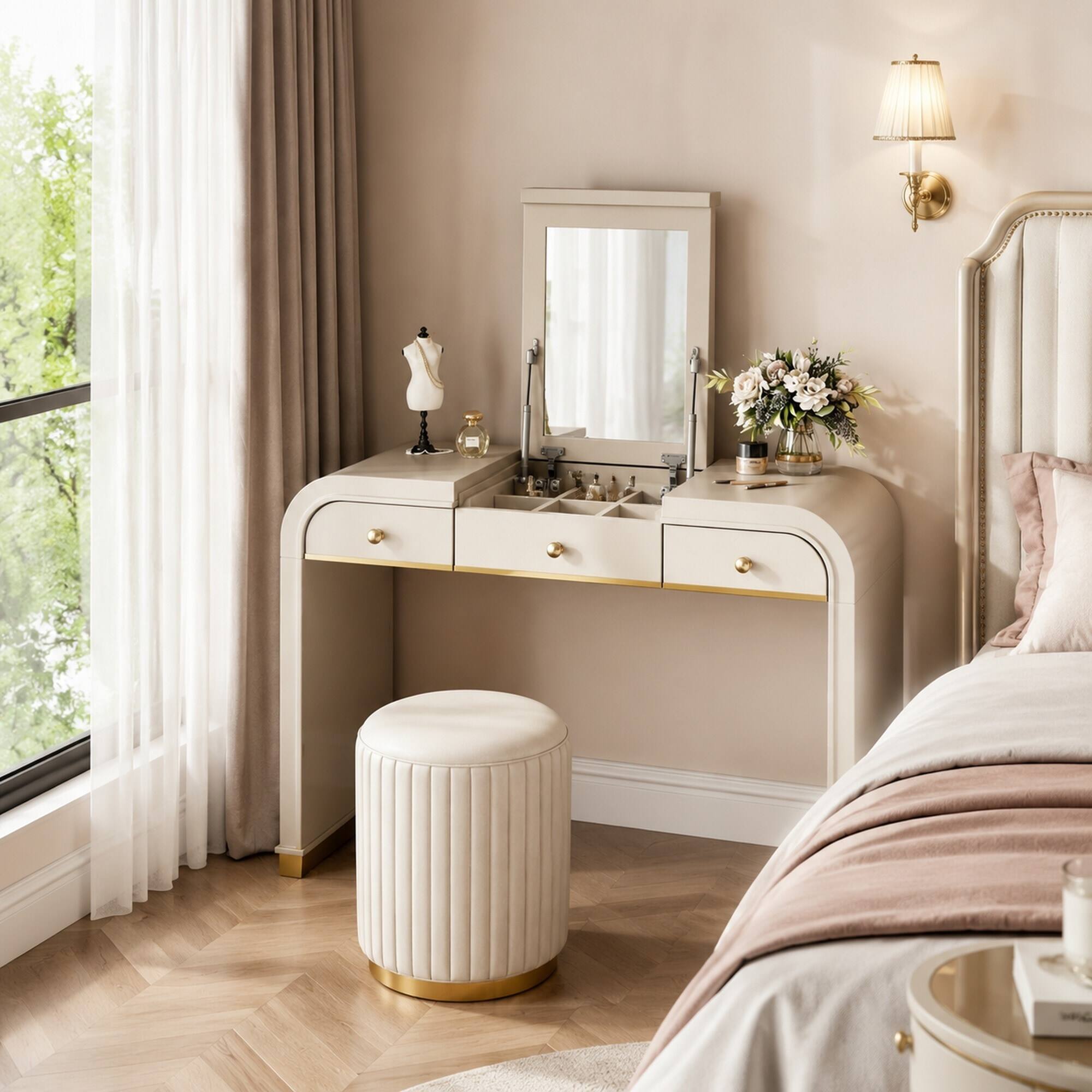Back. RYHNUYNE - Classic Wood Vanity Desk, Flip Mirror, 3-in-1 Dressing Table, 2 Drawers, Champagne Finish, Bedroom - Champagne.