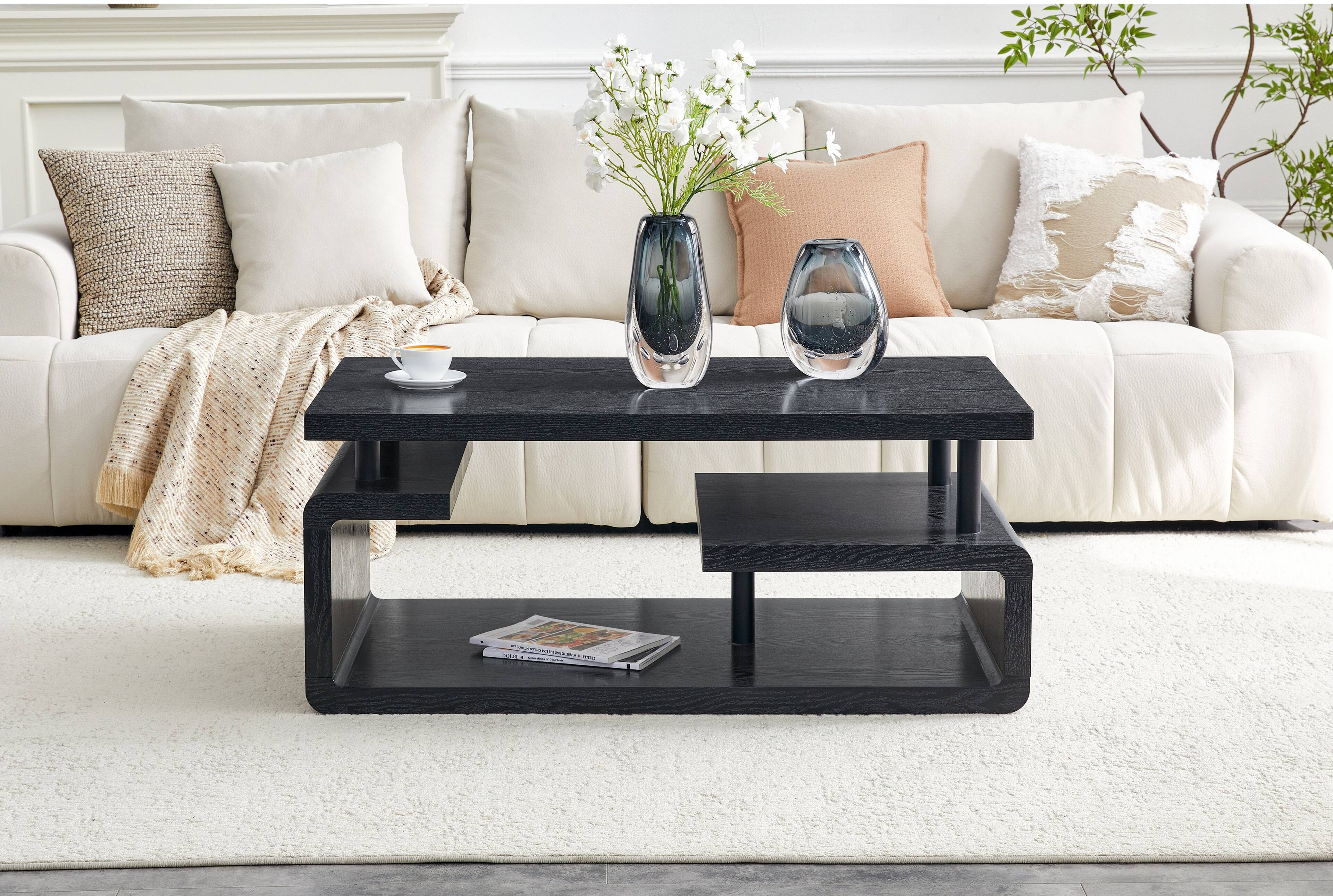 Back. Loheer - Loheer- Three Tier Black Wood Grain Coffee Table Modern Storage Center Table for Living Room Office 3.6x1.9x1.5 ft - Black Woodgrain.