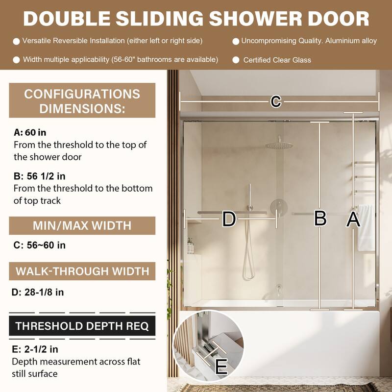 DOUBLE SLIDING SHOWER DOOR

Versatile Reversible Installation (either left or right side)
Uncompromising Quality. Aluminium alloy
Width multiple applicability (56-60" bathrooms are available)
Certified Clear Glass

CONFIGURATIONS DIMENSIONS:
A: 60 in
From the threshold to the top of the shower door

B: 56 1/2 in
From the threshold to the bottom of top track

MIN/MAX WIDTH
C: 56~60 in

WALK-THROUGH WIDTH
D: 28-1/8 in

THRESHOLD DEPTH REQ
E: 2-1/2 in
Depth measurement across flat still surface